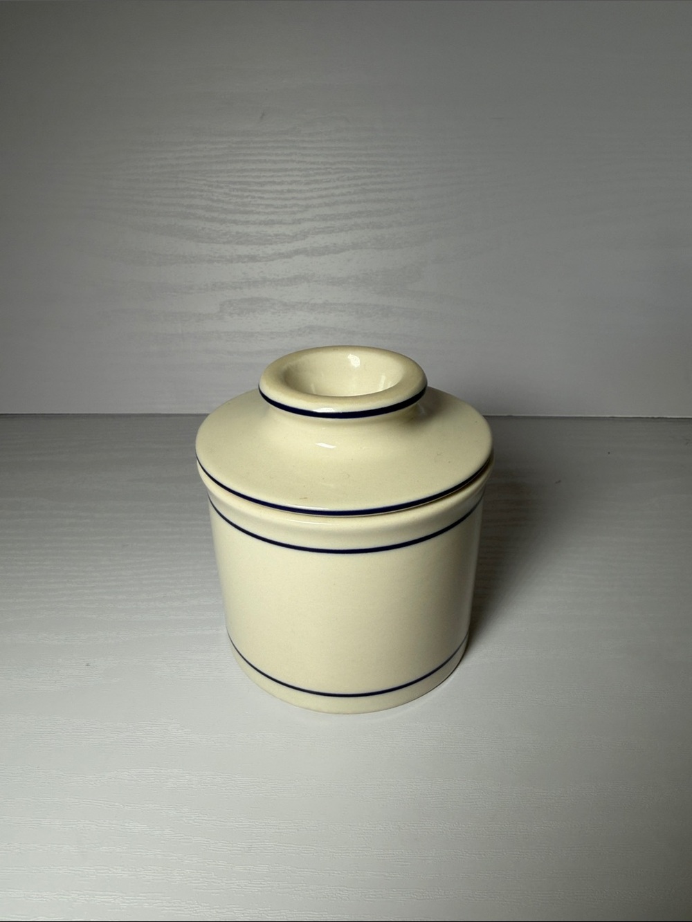 "Norpro Butter Keeper" Cream Stoneware Canister with Navy Blue Bands